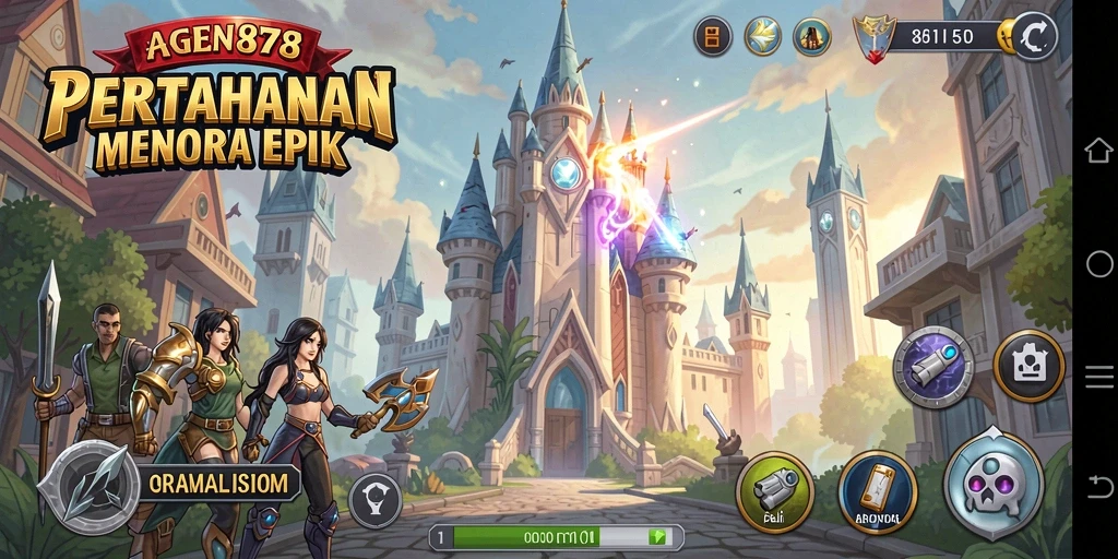 Screenshot AGEN878 menampilkan aksi menara bertahan yang menegangkan.