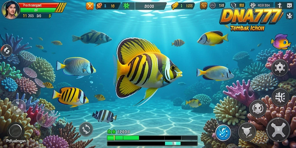 Screenshot utama DNA777 menampilkan aksi seru menembak ikan.