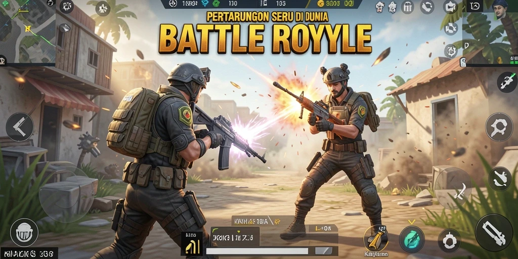 Gambaran gameplay intens dalam pertempuran Battle Royale.