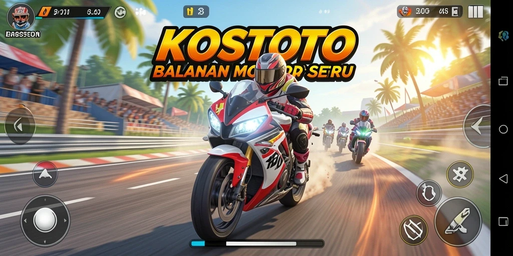 Gameplay seru KOSTOTO dengan balapan motor yang kompetitif.