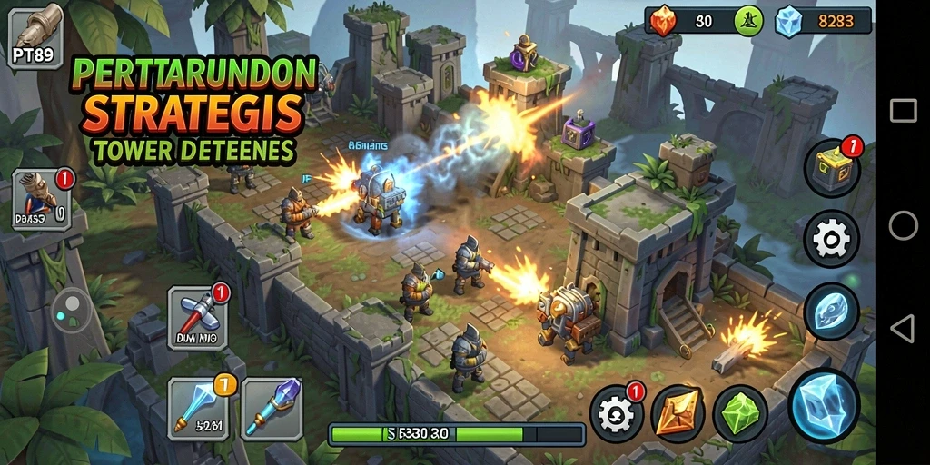 Tampilan gameplay seru PT89 dengan menara yang menjulang tinggi.