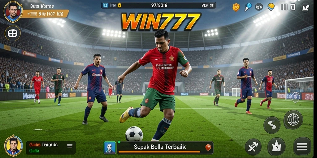 Screenshot gameplay <strong>WIN777</strong> menunjukkan aksi mendebarkan dalam pertandingan sepak bola.